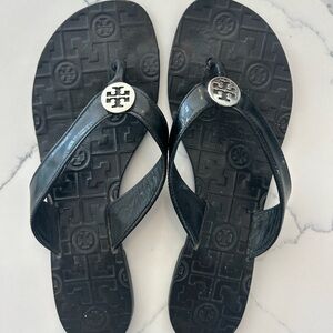 Tory Burch Black Sandals with Silver Logo
